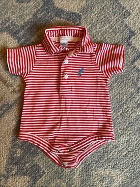 The Beaufort Bonnet Company Red and White Striped Polo Onesie Prim and Proper